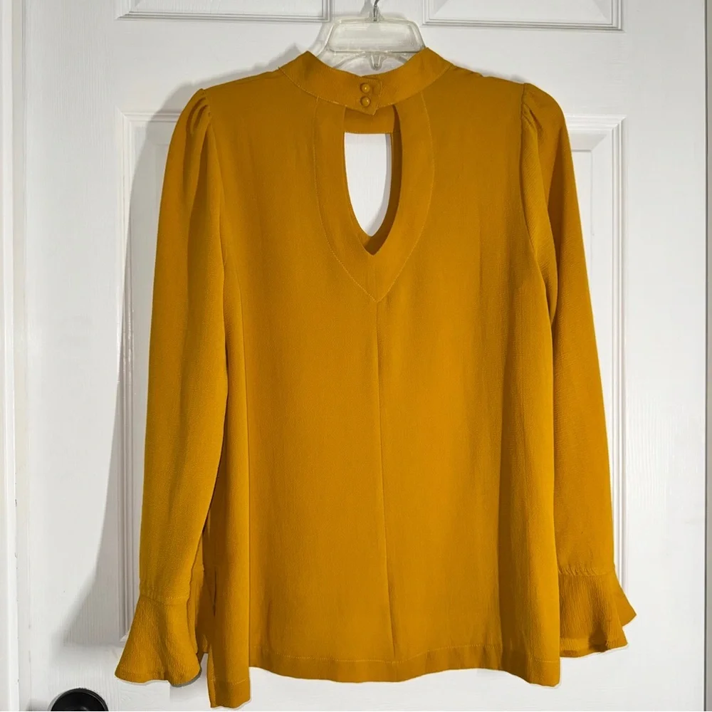 JODIFL Golden Mustard Yellow Double Keyhole Long Sleeve Blouse Wrist Ruffles